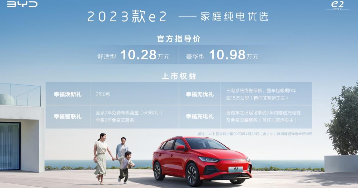 比亚迪2023款e2焕新上市，售价10.28万元-10.98万元